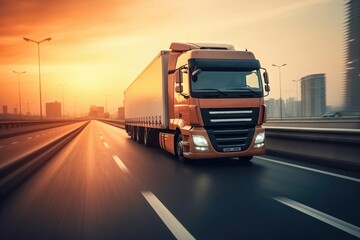 Wall Mural - A close - up photo of a modern lorry in motion on a empty highway. Generative AI