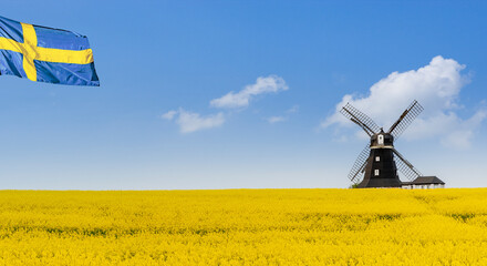 Sticker - Windmühle in Schweden mit Schwedischer Flagge vor einem Rapsfeld