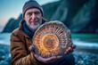 Paleontology researcher holding a beautifully preserved ammonite recovered from a coastal location