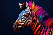 Abstract Animal African Zebra Portrait With Multi Colored Colorful On Skin Body And Hairs Paint, Vibrant Bright Gradients Tone, With Generative AI.