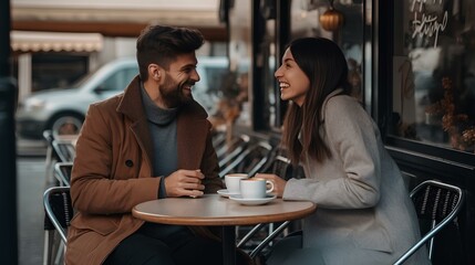 a beautiful young couple sitting at the outside table at the cafe in Paris in the early morning. generative AI