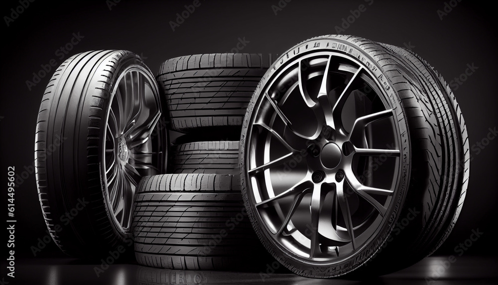 Car Rims Backround A stack of new car wheels with aluminum rims on a black background. AI ...