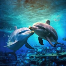 Two Spinner Dolphins Swim Under The Sea.