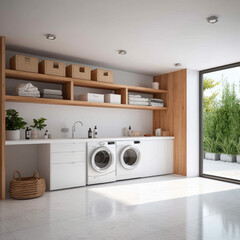 Wall Mural - Modern Laundry Room With Washing Machine, Dryer And Cabinets, laundry room interior.