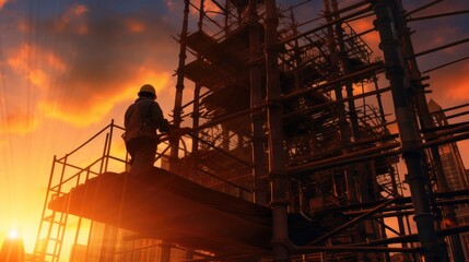 Construction worker on scaffolding in industrial construction during sunset.