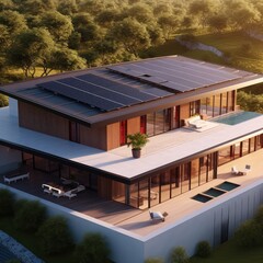 Aufkleber - Photovoltaic panels on the roof, Roof Of Solar Panels, View of solar panels on the roof house with sunlight.