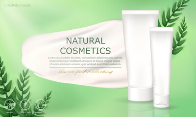 Wall Mural - Advertising green web banner with organic cosmetic product. Promo poster with fresh leaves, cream smear and natural skin care product in white realistic package. Mock up of cream tube for marketing