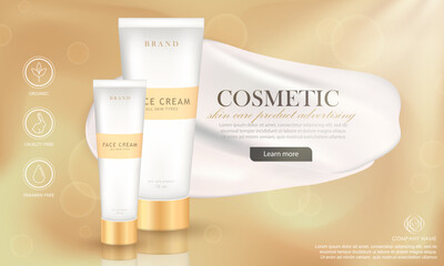 Cosmetic ad banner template of luxury skin care product in white packaging. Promotion or advertising golden poster with cream smear, light beams and realistic cream tube mock up on sandy background