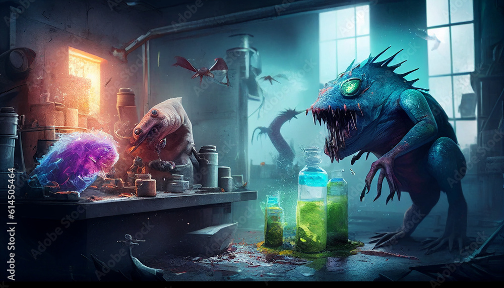 A digital artwork depicting horrifying monsters with genetic ...