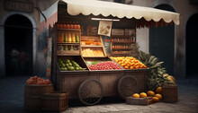 Fruits And Vegetables On A Counter, Food Market Stands Selling Fruits, Vegetables, Cheese, And Meat