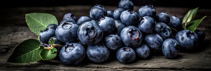 Blueberries on Rustic Wooden Table. Fresh Juicy Delicious and Ripe Garden Berries for Healthy Diet Culinary Delights. Closeup of Natural Blueberries with Copy Space. Eco Farming concept. generative ai