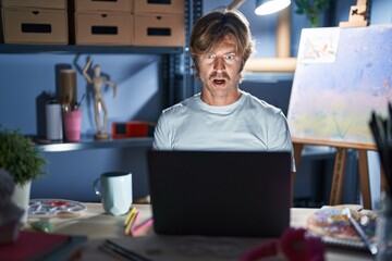 Canvas Print - Middle age man sitting at art studio with laptop at night afraid and shocked with surprise expression, fear and excited face.