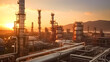 Oil and gas refinery plant or petrochemical industry on sky sunset background. Manufacturing of petrochemical industrial.