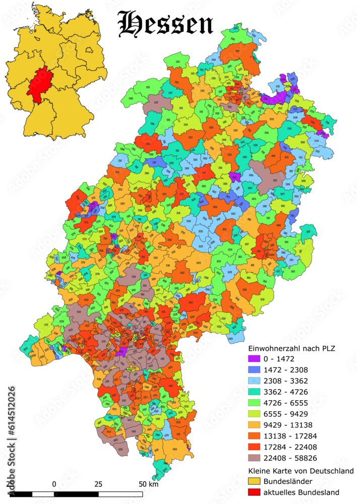 Federal state Hessen population by postal code map with Germany vector ...