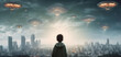 A little boy looks at the alien invasion of the city. UFO in the sky over the city. AI generation