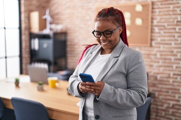 Sticker - African american woman business worker using smartphone at office