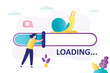 © Marina - Slow internet speed, bad connection, loading process. Woman user pushing slider on measurement scale. Download speed is very slow or does not work. Snail crawling on progress bar.