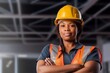 Portrait of a proud, strong, and skilled female African American construction worker, radiating toughness and professional competence in her field, generative ai