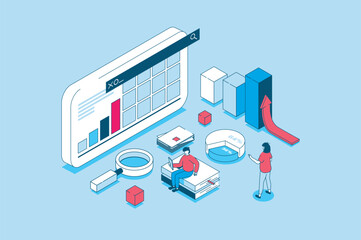 Fototapete - Data analysis concept in 3d isometric design. People analyzing graphs on dashboard and business reports, working with financial information. Vector illustration with isometry scene for web graphic