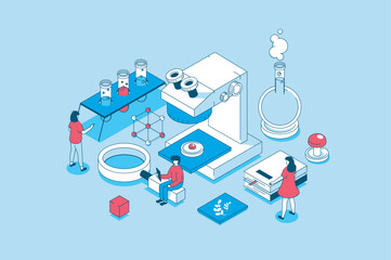 Aufkleber - Science laboratory concept in 3d isometric design. People researching blood or virus on microscope in lab, doing chemicals tests in flasks. Vector illustration with isometry scene for web graphic