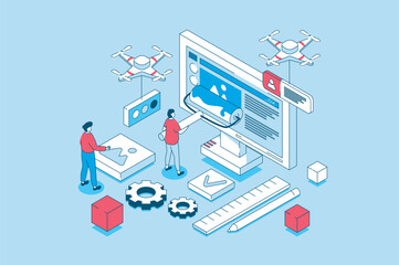 Fototapete - Web design concept in 3d isometric design. People creating pages layouts with content, making banners and homepages, programming and coding. Vector illustration with isometry scene for web graphic