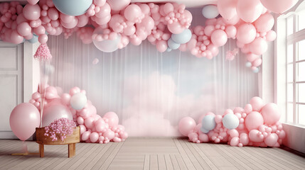 pink decor balloons in the room festive atmosphere copy space. Generative AI