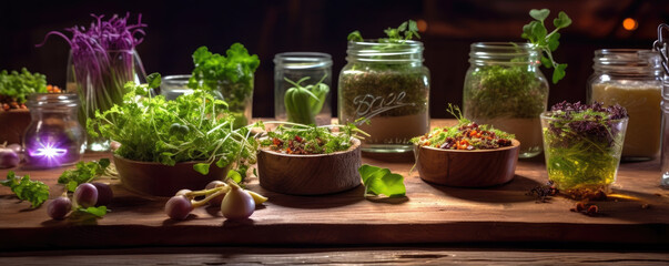 Raw vegetable with microgreens on the table. generative ai