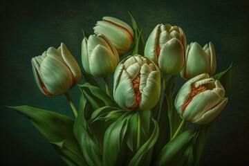 Wall Mural - Cluster of tulips against a leafy