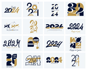 Big set of logo number designs for Happy New Year 2024 celebration with gold, blue labels concept. Premium vector design for celebration, invitation or greeting, poster. Christmas symbols decoration.