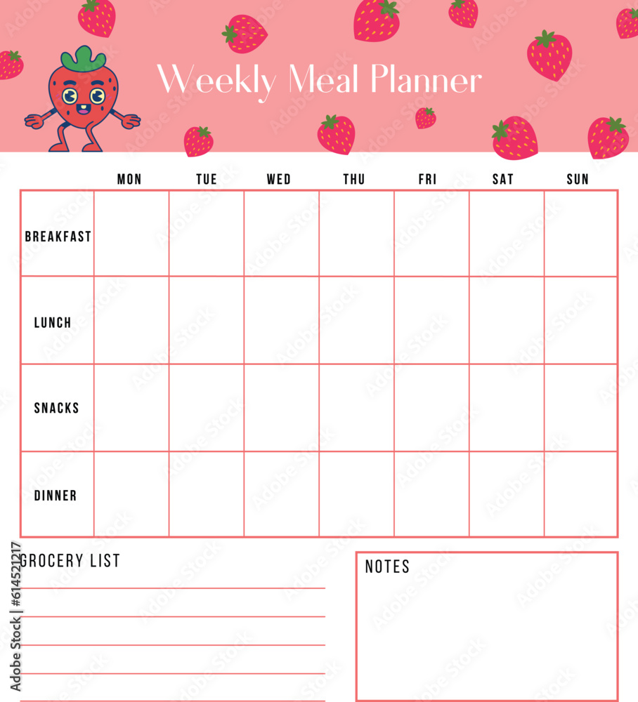 Weekly meal planner and shopping grocery list, breakfast, lunch, dinner ...
