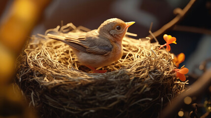 Wall Mural - A little cute bird on a bird nest