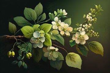 Wall Mural - stunning, new blooms on a leafy limb.