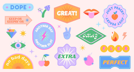 Vector set of cute funny patches and stickers in 90s style.Modern icons or symbols in y2k aesthetic with text.Trendy kidcore designs for banners,social media marketing,branding,packaging,covers