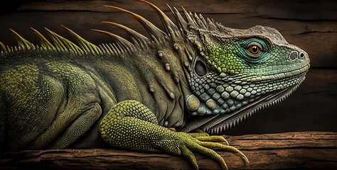 Wall Mural - Lovely green iguana up close on wood.