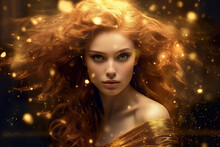Zodiac Sign Of Virgo, Portrait Of Young Woman With Gold Shiny