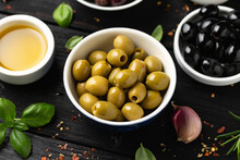 Assortment Of Fresh Green, Kalamata And Black Olives In Bowl. Healthy Snack