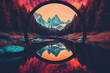 colorful psychedelic landscape with sunset mountains and trees