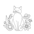 Cute coloring book with cat in flowers. Simple shapes, outline for children and adults. Vector illustration.