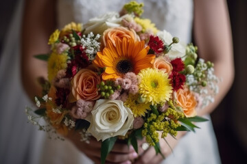 Wall Mural - Bride in white dress with wedding bouquet closeup, AI Generated