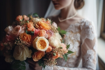 Wall Mural - Bride in white dress with wedding bouquet closeup, AI Generated