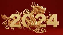 3d Rendering Illustration For Happy Chinese New Year 2024 The Dragon Zodiac Sign With Flower, Lantern, Asian Elements, Red And Gold On Background. ( Translation :  Year Of The Dragon 2024 ).