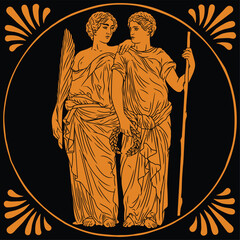 An ancient Greek man in a tunic stands and holds a laurel wreath and a palm branch in his hands and looks at the woman. Male and female figures in a circular pattern