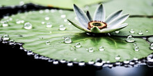 A Water Drop Falls Onto A Lily Pad, Creating Ripples In Its Reflection.