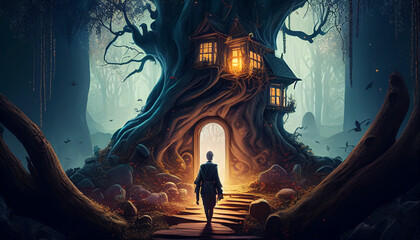 The magician travels amongst the enchanted tree houses illustration