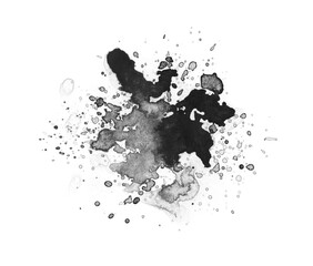 Wall Mural - black ink watercolor flow blot with drops splash. abstract texture color stain on white background.