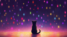 A Cute Anime Black Cat Sitting Under A Sky With Falling Colored Stars, Ai Generated Image