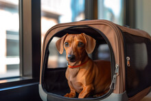 A Pet Dog In An Animal Carrier. Generative AI Technology.