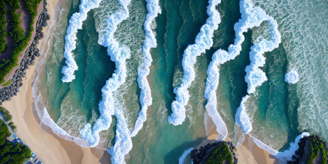 Wall Mural - Aerial view of ocean waves at sunset. Beautiful nature background. Aerial view of sea waves crashing on the beach. Top view. Generative AI technology.