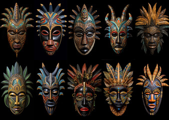 Set of African tribal ritual masks isolated on black background AI generated