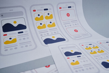 UX mobile application wireframe. Sketch, prototype, framework, layout future app design project. UI/UX - user interface and user experience designer. Creative concept for smartphone. App development 